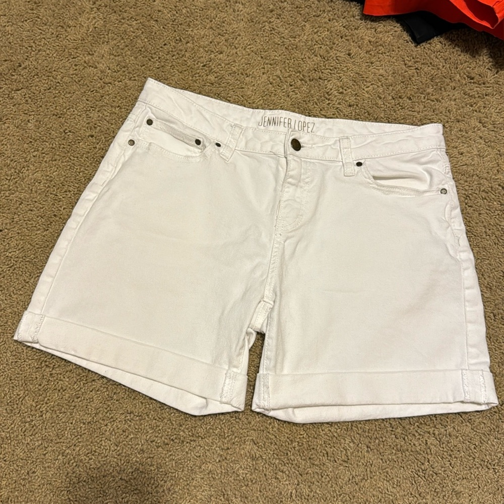 Jennifer Lopez white denim cuffed shorts with pockets